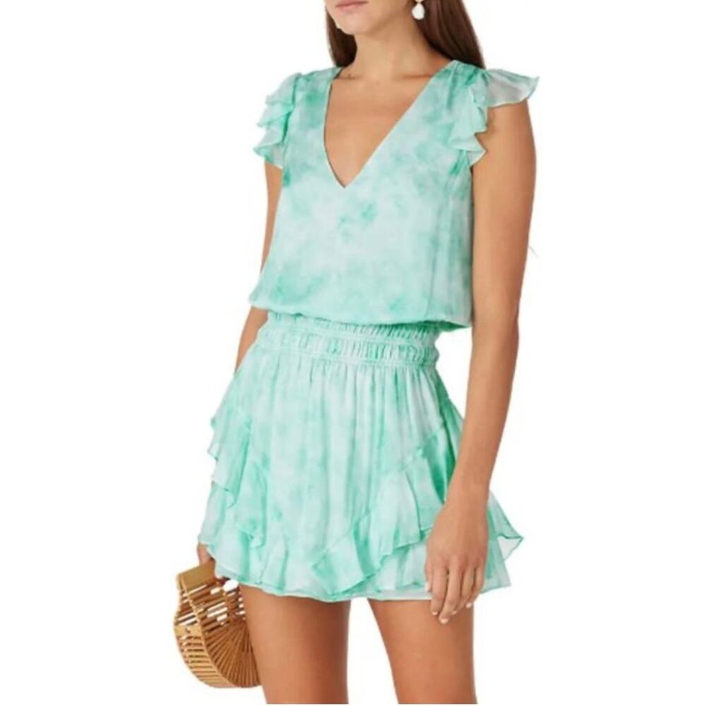 Ramy Brook Tie Dye Simone Mini Dress Sz XS Green Smocked Blouson Flutter Sleeves